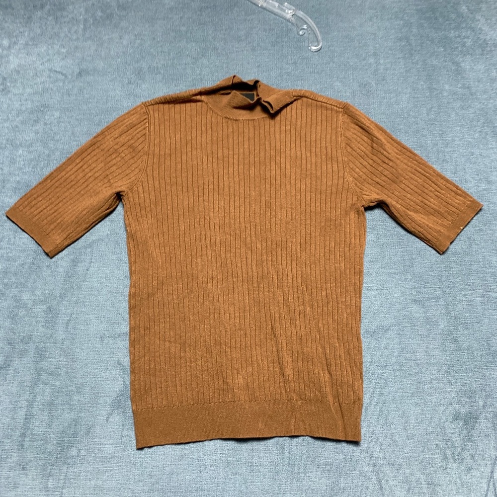 Worthington Knitted Shirt Men Medium Brown Short Sleeve Classic Mock Neck Ribbed
